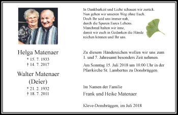 Todesanzeige von Helga und Walter Matenaer von Rheinische Post