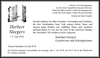 Todesanzeige von Herbert Sleegers von Rheinische Post