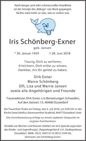 Todesanzeige von Iris Schönberg-Exner von Rheinische Post