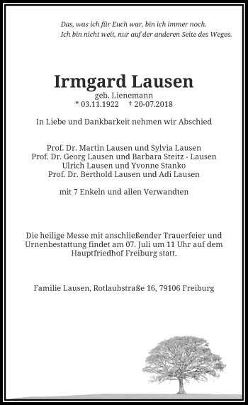 Todesanzeige von Irmgard Lausen von Rheinische Post