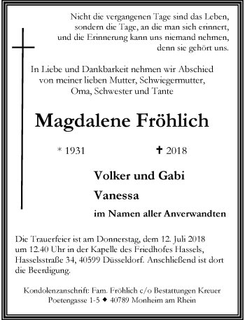 Todesanzeige von Magdalene Fröhlich von Rheinische Post