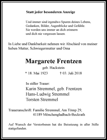 Todesanzeige von Margarete Frentzen von Rheinische Post