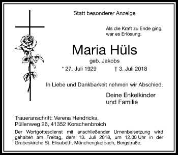 Todesanzeige von Maria Hüls von Rheinische Post