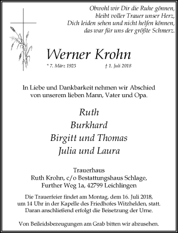 Todesanzeige von Werner Krohn von Rheinische Post
