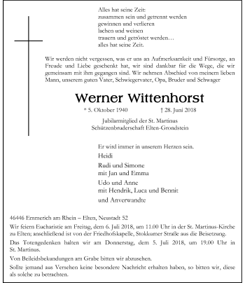 Todesanzeige von Werner Wittenhorst von Rheinische Post