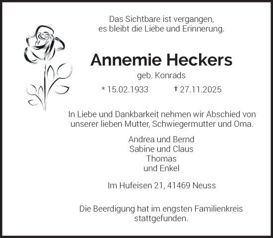Todesanzeige von Annemie Heckers von Rheinische Post