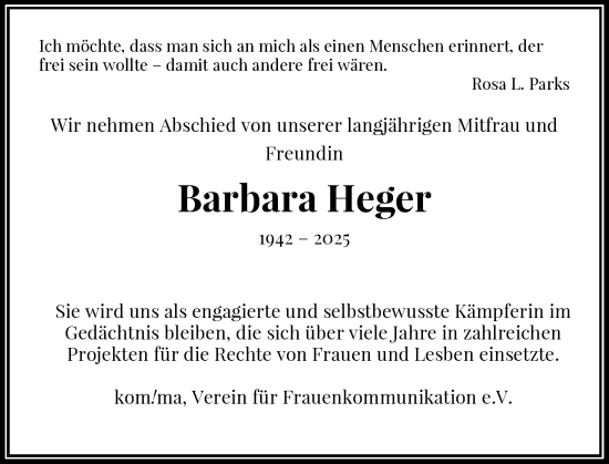 Todesanzeige von Barbara Heger von Rheinische Post