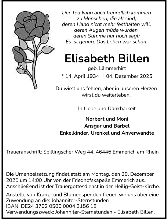 Todesanzeige von Elisabeth Billen von Rheinische Post