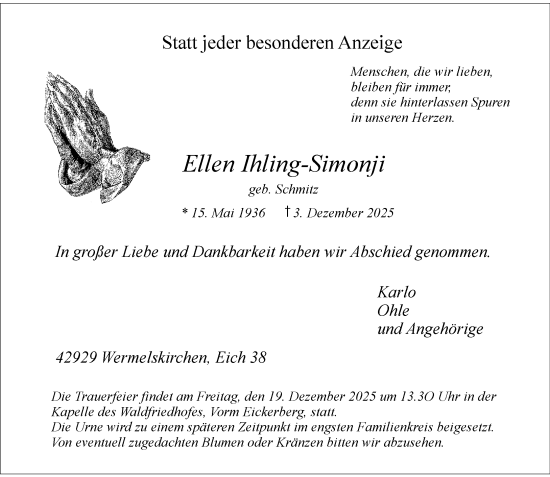 Todesanzeige von Ellen Ihling-Simonji von Rheinische Post