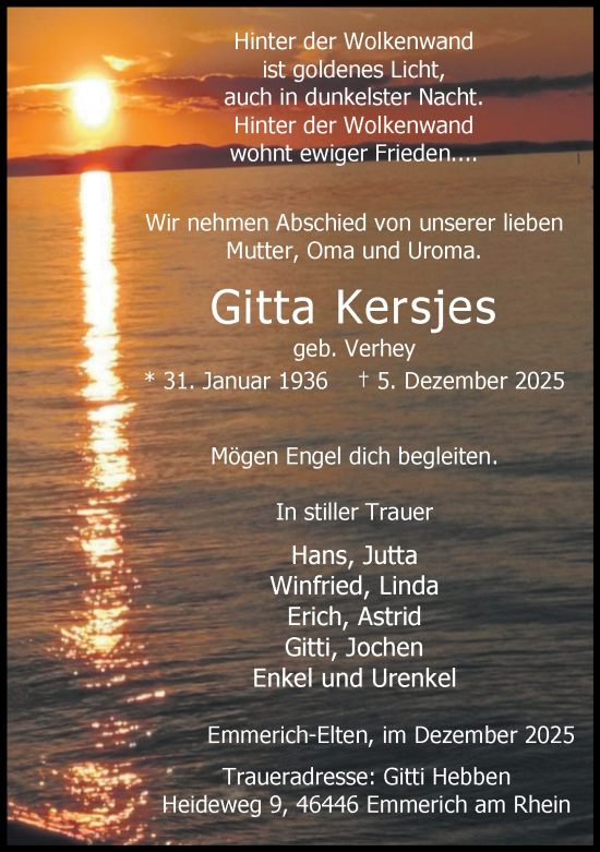 Todesanzeige von Gitta Kersjes von Rheinische Post