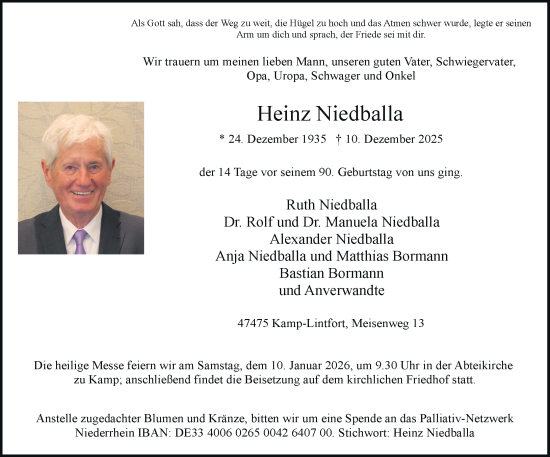 Todesanzeige von Heinz Niedballa von Rheinische Post