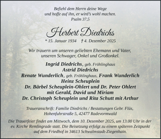 Todesanzeige von Herbert Diedrichs von Rheinische Post