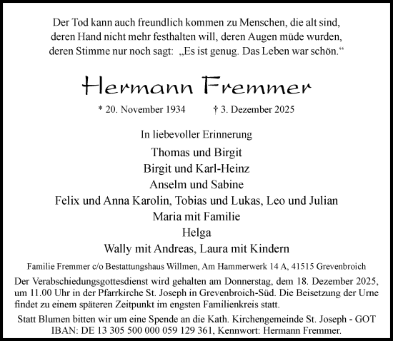 Todesanzeige von Hermann Fremmer von Rheinische Post