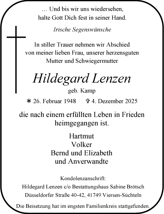Todesanzeige von Hildegard Lenzen von Rheinische Post