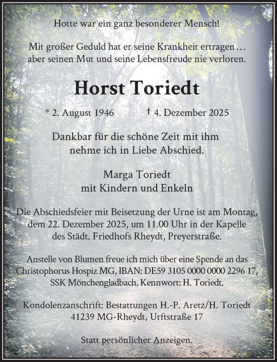 Todesanzeige von Horst Toriedt von Rheinische Post