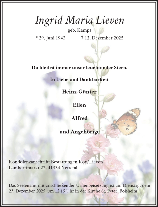 Todesanzeige von Ingrid Maria Lieven von Rheinische Post