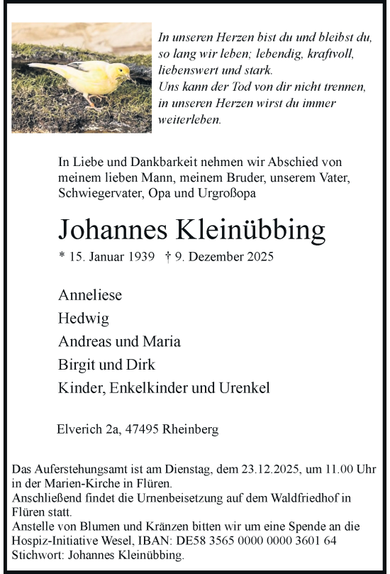 Todesanzeige von Johannes Kleinübbing von Rheinische Post