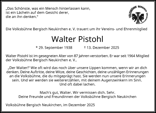 Todesanzeige von Walter Pistohl von Rheinische Post