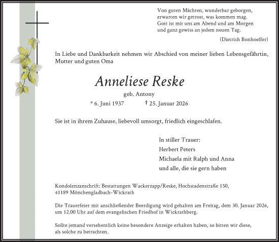 Todesanzeige von Anneliese Reske von Rheinische Post
