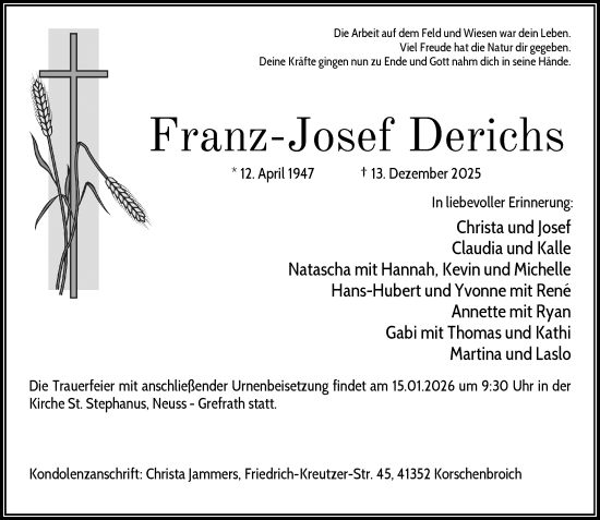 Todesanzeige von Franz-Josef Derichs von Rheinische Post