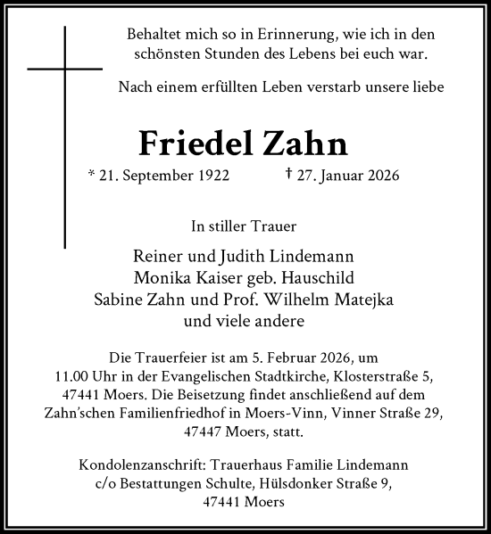 Todesanzeige von Friedel Zahn von Rheinische Post