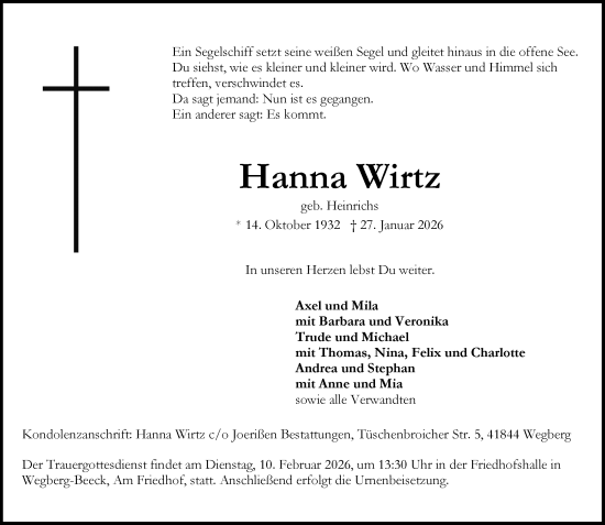 Todesanzeige von Hanna Wirtz von Rheinische Post
