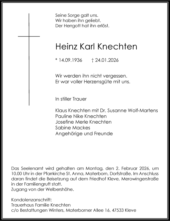 Todesanzeige von Heinz Karl Knechten von Rheinische Post