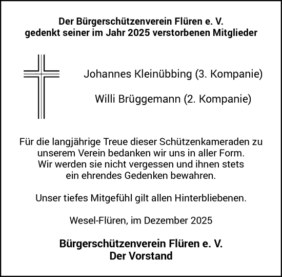 Todesanzeige von Johannes Kleinübbing von Rheinische Post