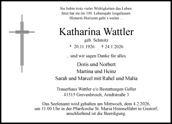 Todesanzeige von Katharina Wattler von Rheinische Post