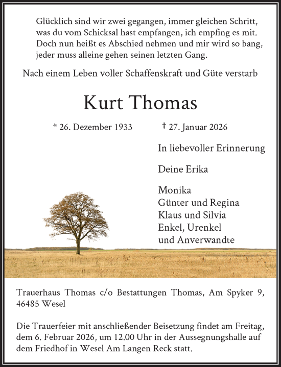 Todesanzeige von Kurt Thomas von Rheinische Post