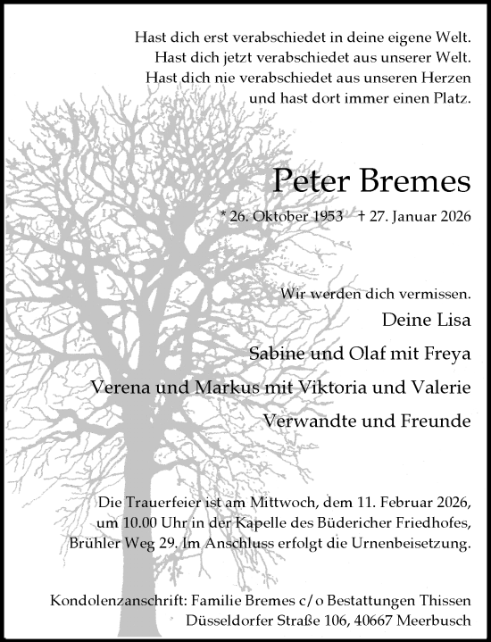 Todesanzeige von Peter Bremes von Rheinische Post