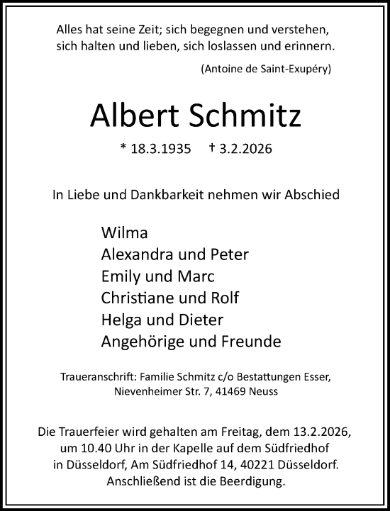 Todesanzeige von Albert Schmitz von Rheinische Post