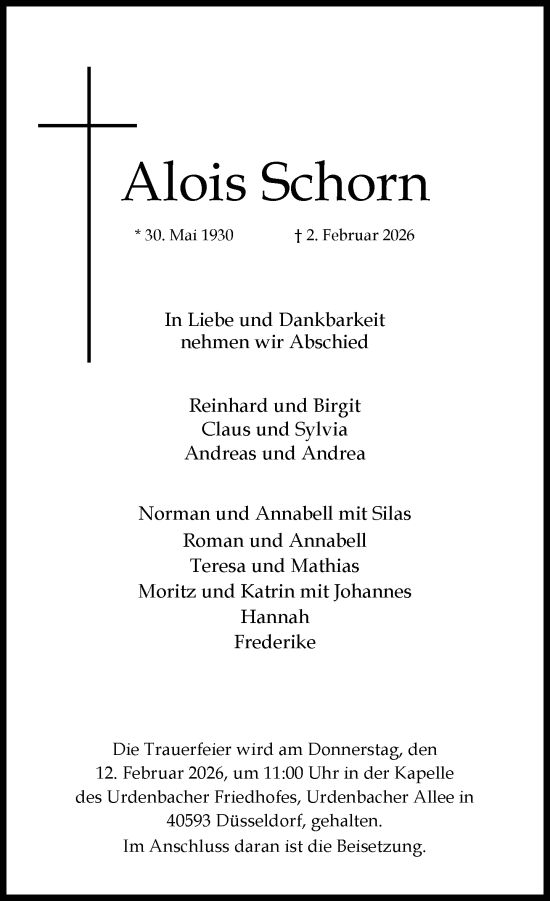 Todesanzeige von Alois Schon von Rheinische Post