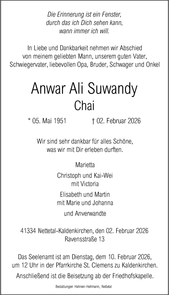 Todesanzeige von Anwar Ali Suwandy Chai von Rheinische Post