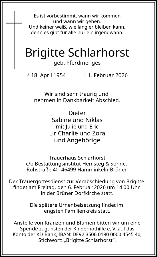 Todesanzeige von Brigitte Schlarhorst von Rheinische Post