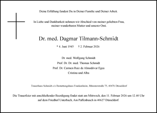 Todesanzeige von Dagmar Tilmann-Schmidt von Rheinische Post