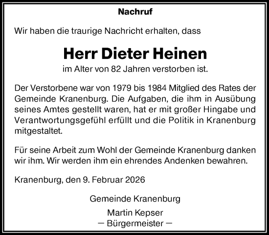 Todesanzeige von Dieter Heinen von Rheinische Post