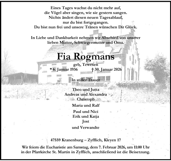 Todesanzeige von Fia Rogmans von Rheinische Post
