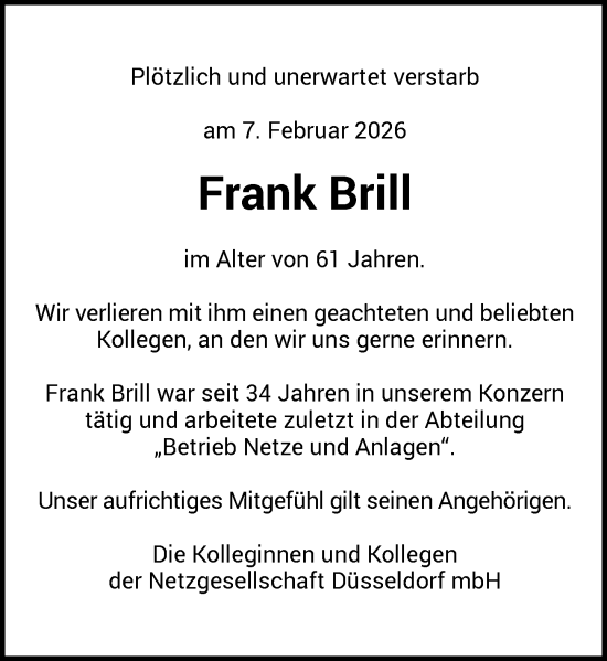 Todesanzeige von Frank Brill von Rheinische Post