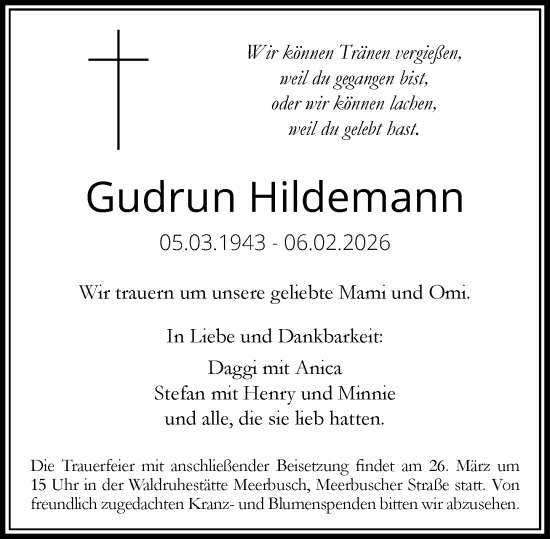 Todesanzeige von Gudrun Hildemann von Rheinische Post