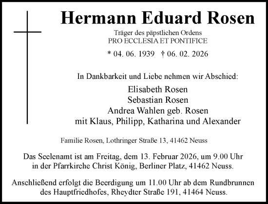 Todesanzeige von Hermann Eduard Rosen von Rheinische Post
