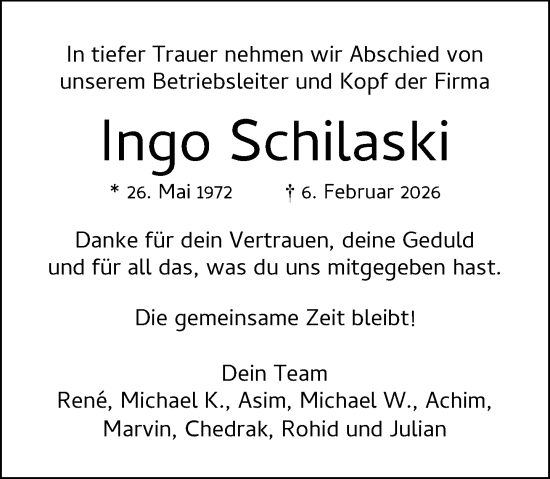 Todesanzeige von Ingo Schilaski von Rheinische Post