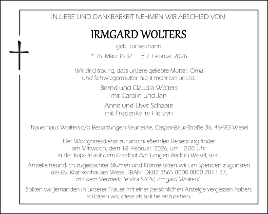 Todesanzeige von Irmgard Wolters von Rheinische Post