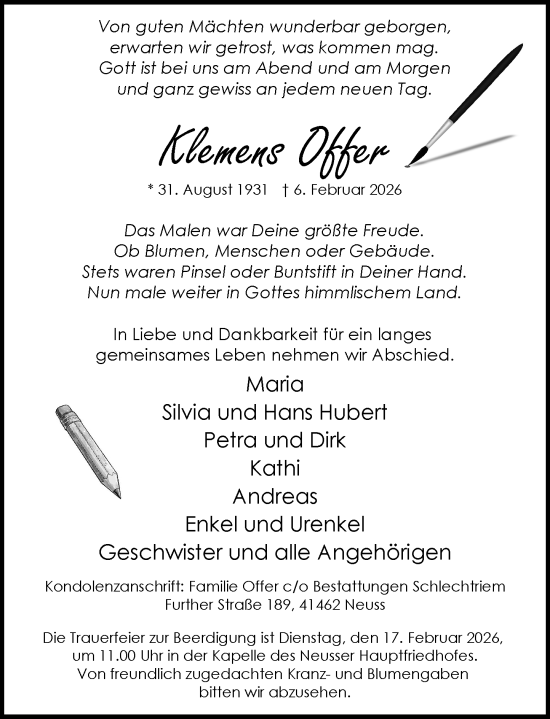 Todesanzeige von Klemens Offer von Rheinische Post