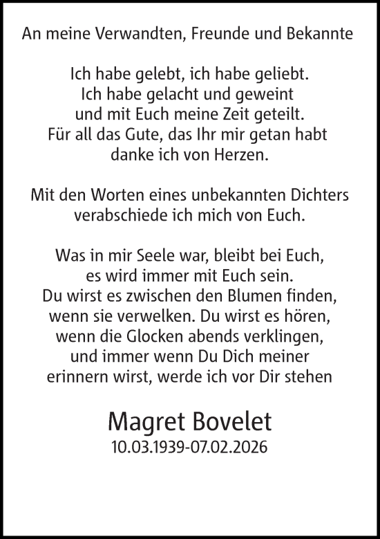 Todesanzeige von Magret Bovelet von Rheinische Post