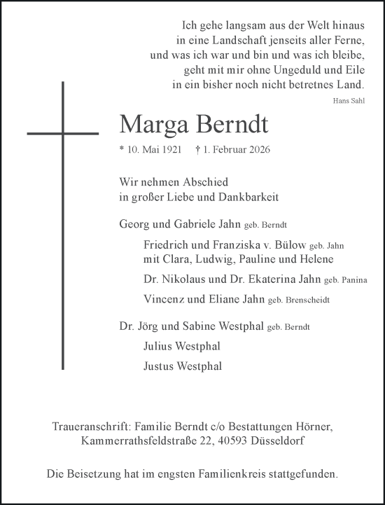 Todesanzeige von Marga Berndt von Rheinische Post