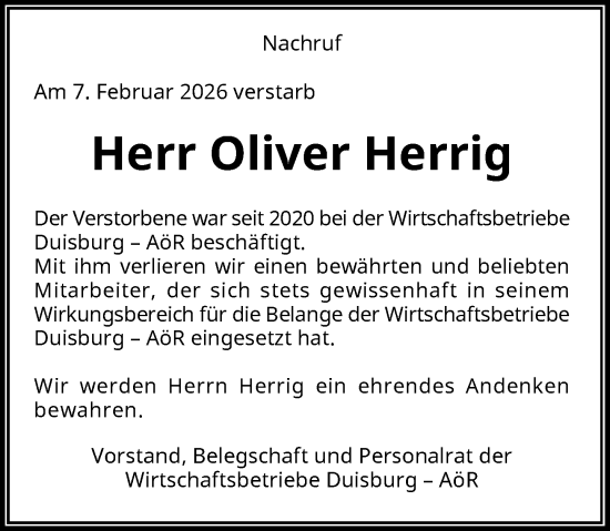 Todesanzeige von Oliver Herrig von Rheinische Post