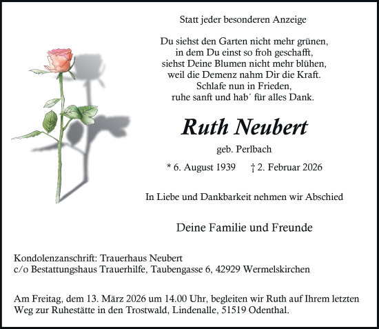 Todesanzeige von Ruth Neubert von Rheinische Post