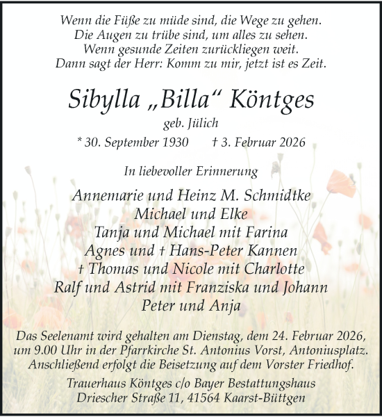 Todesanzeige von Sibylla Köntges von Rheinische Post