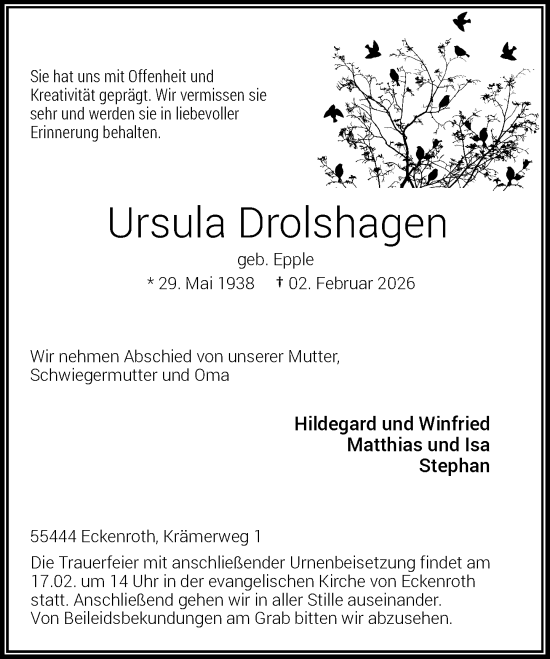 Todesanzeige von Ursula Drolshagen von Rheinische Post